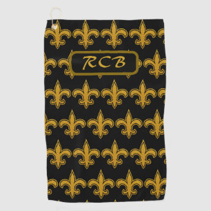 French Fleur De Lis Pattern Initials Gold-N-Black Golf Towel