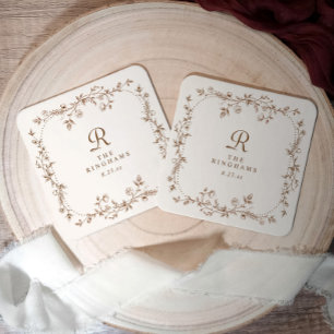 French Floral Brown Cream Vintage Monogram Wedding Square Paper Coaster