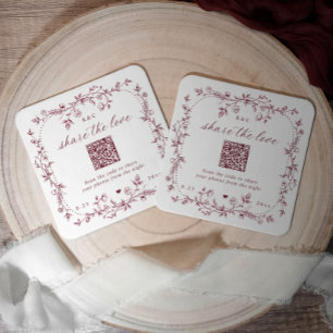 French Floral Burgundy Dark Red QR Code Wedding Square Paper Coaster
