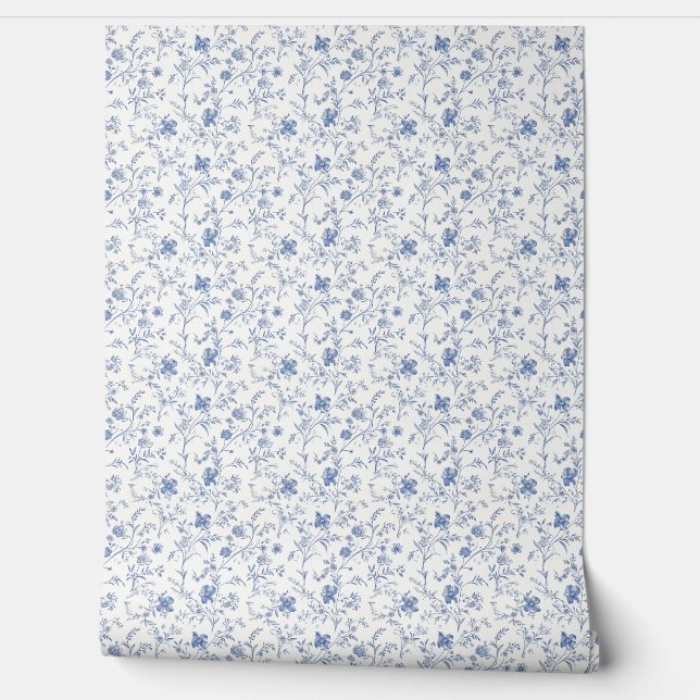 French Floral Charm Mini - Blue and Off-White Wallpaper (Unrolling)