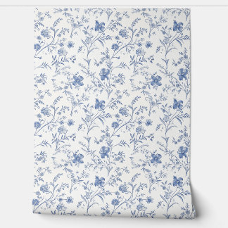 French Floral Charm Petite - Blue and Off-White Wallpaper