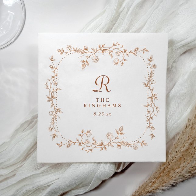 French Floral Copper Orange Monogram Wedding Napkin (Personalized terracotta orange napkin with vintage French floral design)