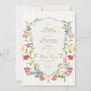 French floral crest cream pink blue bridal shower invitation