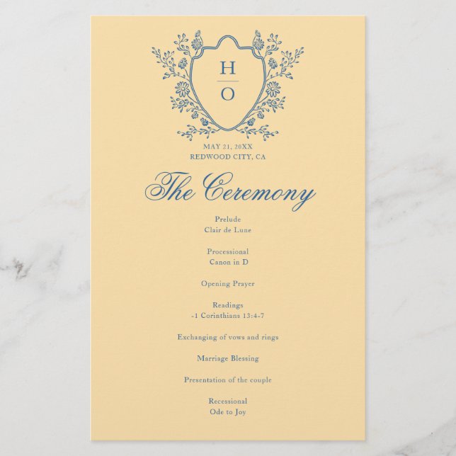 French Floral Crest Yellow Wedding Program (Front)