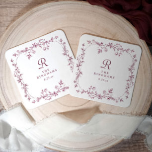 French Floral Dark Red Wine Monogram Wedding Square Paper Coaster