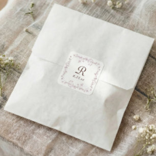 French Floral Dusty Rose Pink Monogram Wedding Square Sticker
