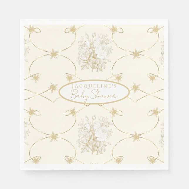 French Floral Elegant Bee Ivory Gold Personalized Napkin (Front)