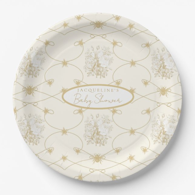 French Floral Elegant Bees Ivory Gold Personalized Paper Plate (Front)