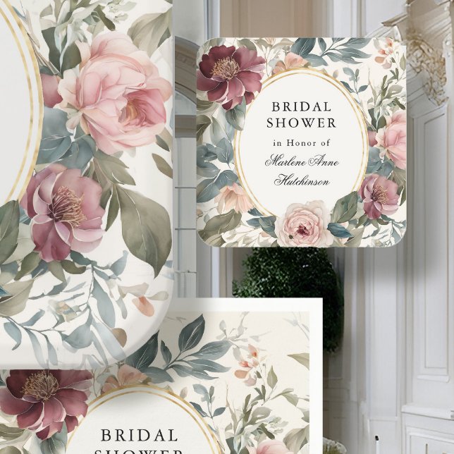 French Floral Elegant Bridal Shower Tea Gold  Square Sticker (Creator Uploaded)