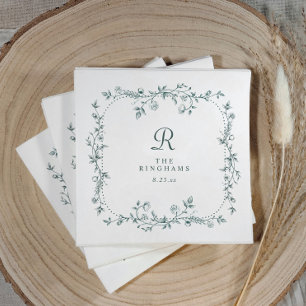 French Floral Emerald Green Monogram Wedding Napkin