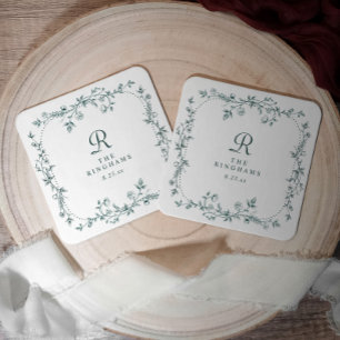 French Floral Emerald Green Monogram Wedding Square Paper Coaster