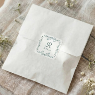 French Floral Emerald Green Monogram Wedding Square Sticker