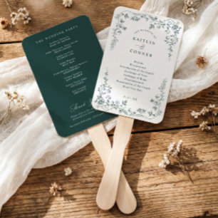 French Floral Emerald Green Wedding Program Hand Fan