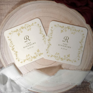 French Floral Gold & Ivory Monogram Wedding Square Paper Coaster