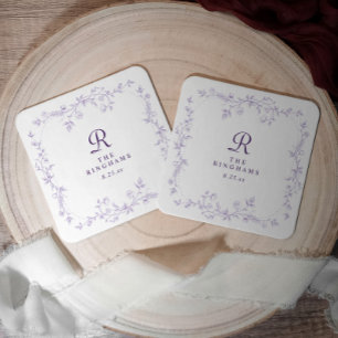French Floral Lavender Purple Monogram Wedding Square Paper Coaster