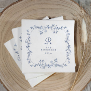 French Floral Navy Blue Victorian Monogram Wedding Napkin