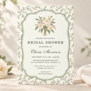 French Floral Sage Green Ivory Bridal Shower Invitation
