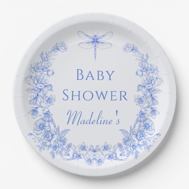 French Floral Something Blue Dragonfly Baby Shower Paper Plate (Front)