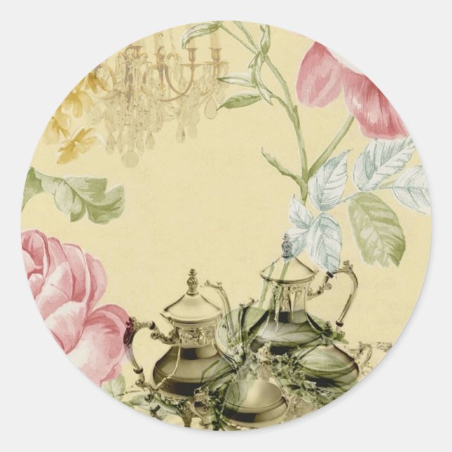 French floral Teacup Teapot Paris Tea Party Classic Round Sticker (Front)
