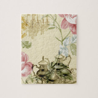French floral Teacup Teapot Paris Tea Party Jigsaw Puzzle