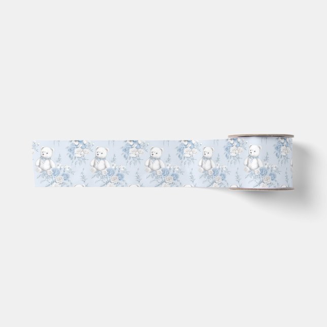 French Floral Toile and Bear Baby Shower Satin Ribbon (Front)