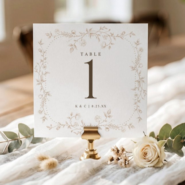 French Floral Toile Beige Wedding Table Numbers (Beige tan square wedding table number with vintage French floral frame.)