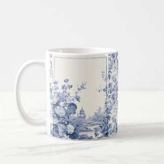 French floral toile blue coffee mug