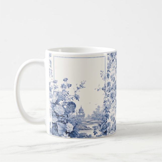 French floral toile blue coffee mug (Left)