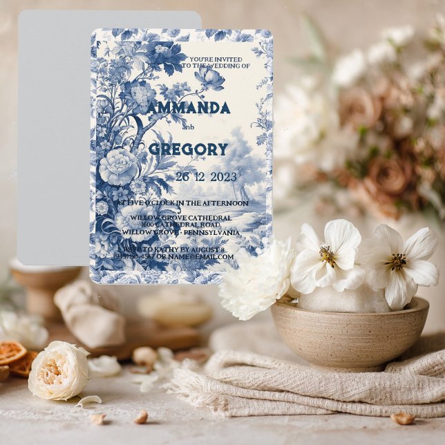 French Floral Toile Blue Invitation (Creator Uploaded)