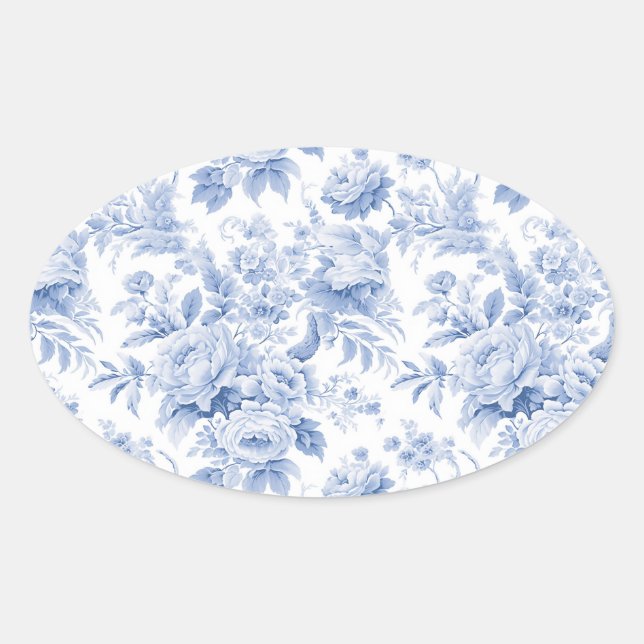 French floral toile blue oval sticker (Front)