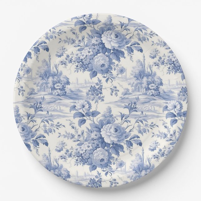 French floral toile blue paper plate (Front)