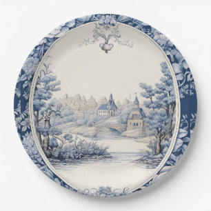 French floral toile blue paper plate