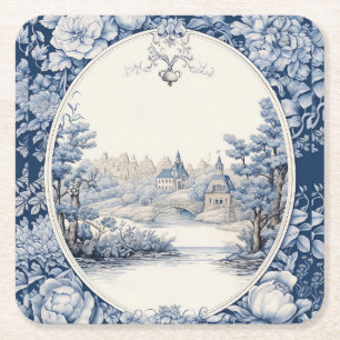 French floral toile blue square paper coaster