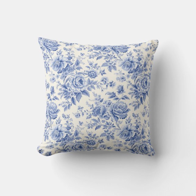 French floral toile blue throw pillow (Front)