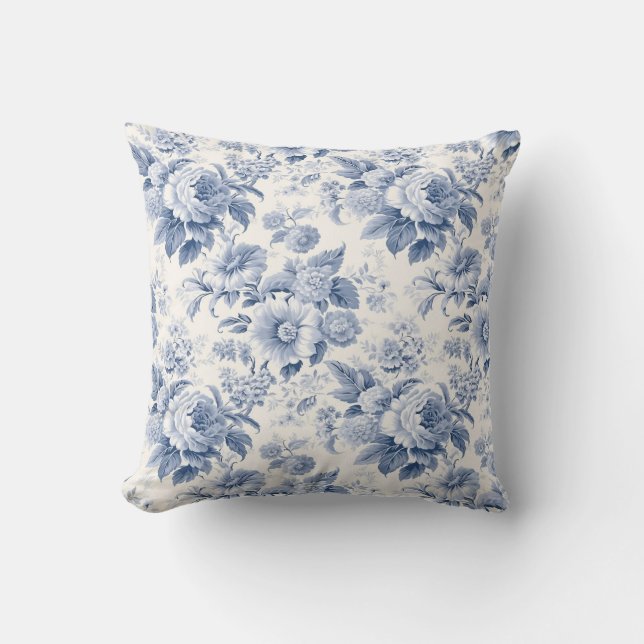 French floral toile blue throw pillow (Front)