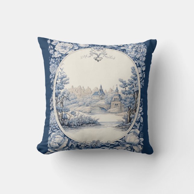 French floral toile blue throw pillow (Front)
