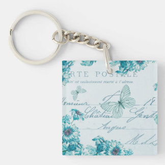 French floral vintage keychain w/ blue flowers
