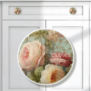 French Flower Market Vintage Pink n Yellow Floral Ceramic Knob
