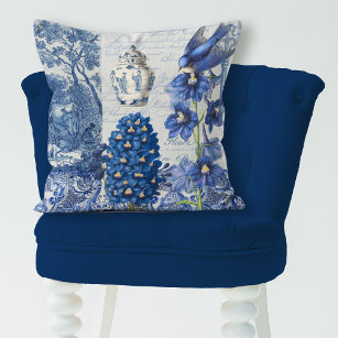French Flowers n Bird Blue and White Toile Collage Throw Pillow
