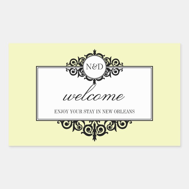 French frame ecru monogram out of town gift bag sticker (Front)