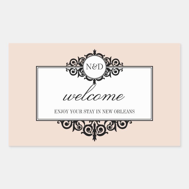 French frame pink monogram out of town gift bag sticker (Front)