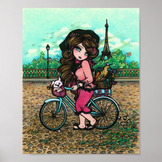French Girl & Cute Puppy Paris Eiffel Tower Poster