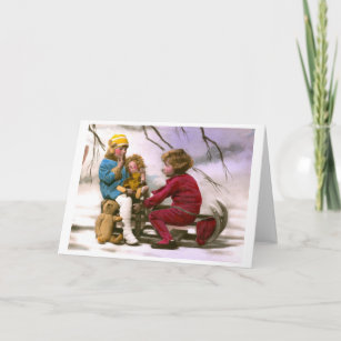 French girls playing with toys holiday card