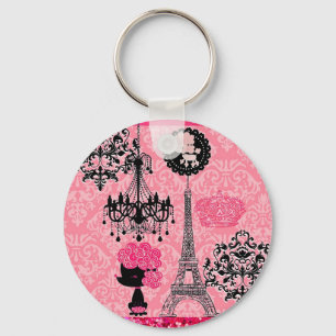 French Girly Eiffel Tower, Puppy & Damask Elegant Keychain