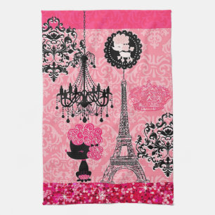 French Girly Eiffel Tower, Puppy & Damask Elegant Kitchen Towel
