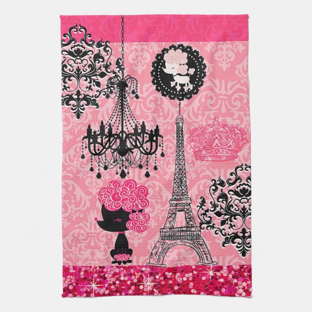 French Girly Eiffel Tower, Puppy & Damask Elegant Kitchen Towel (Vertical)