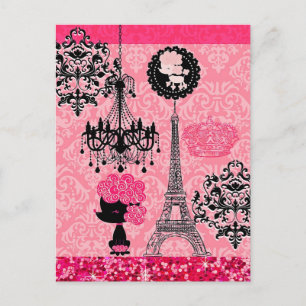 French Girly Eiffel Tower, Puppy & Damask Elegant Postcard