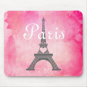 French Girly Pink Watercolor Paris Eiffel Tower Mouse Pad