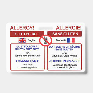 FRENCH Gluten Free Travel Card   Allergy Badge