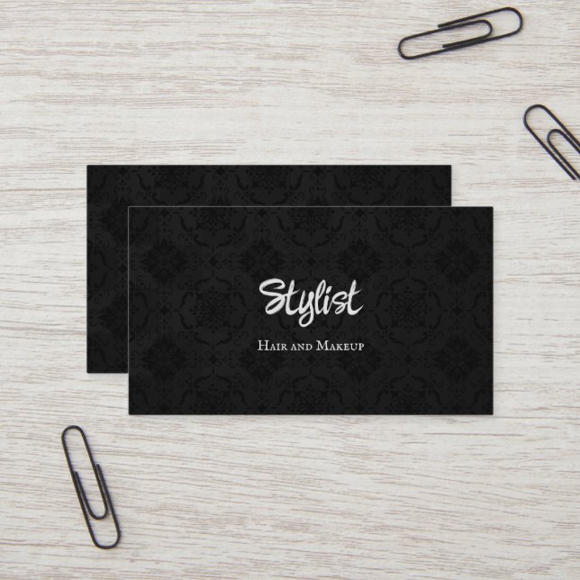 French Gothic Damask Stylist Black and White Business Card (Front/Back In Situ)
